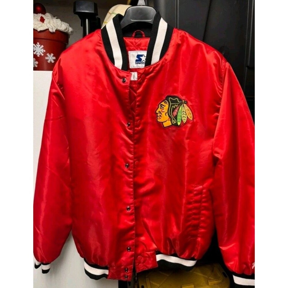 Chicago Blackhawks Vintage Starter Satin Bomber Jacket NHL Hockey Red Coat XXL